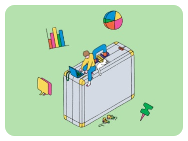 Illustration for the collaboration section showing a man on a briefcase and examples of annotation around him, Wacom One Medium Graphics Tablet